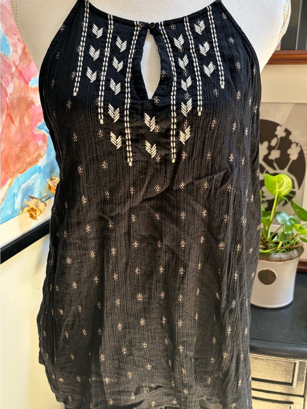 Old Navy Black Halter Camisole with White Embroidery